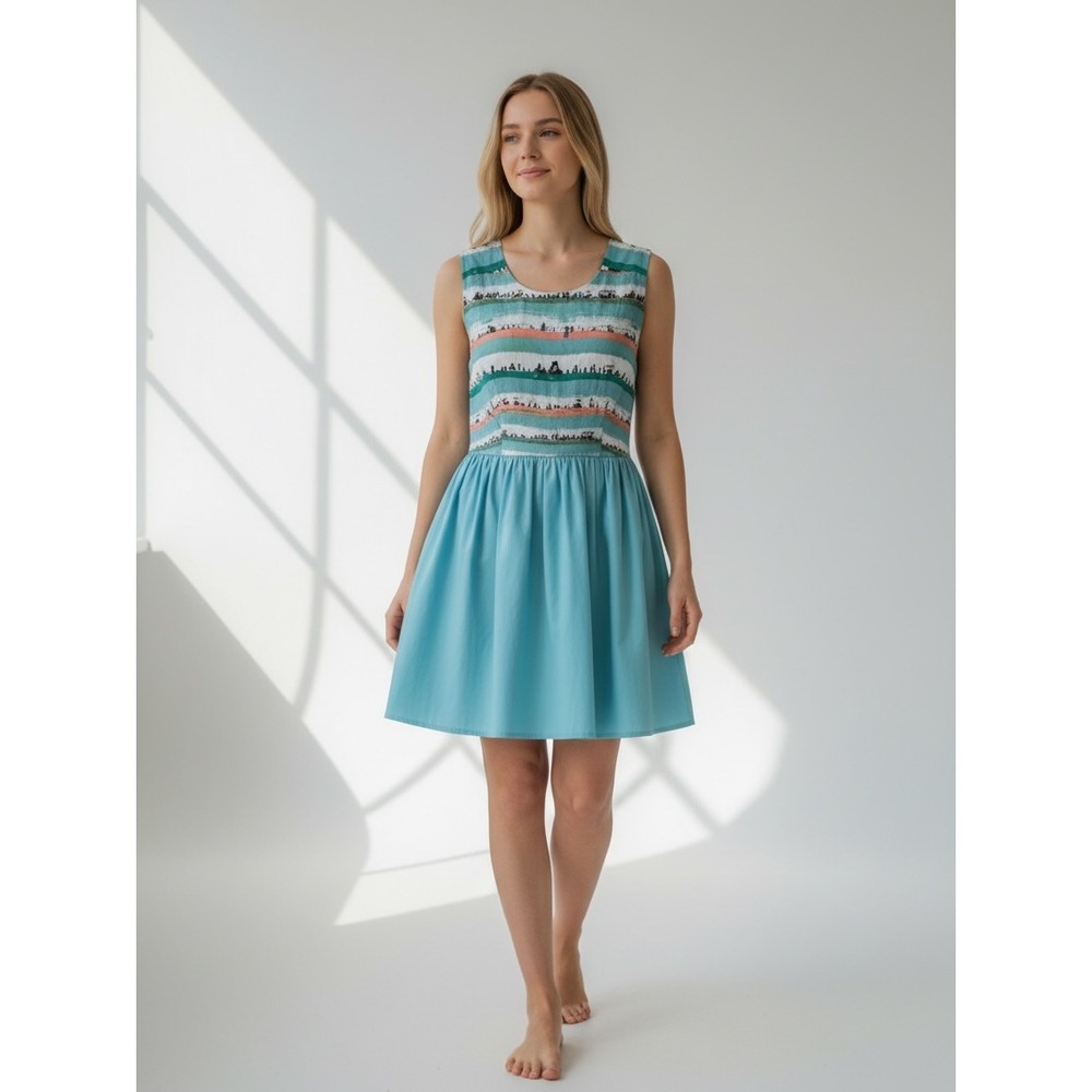 Emily and Fin Beach Scene Striped Fit & Flare Dress Womens Sz L Novelty Vacation